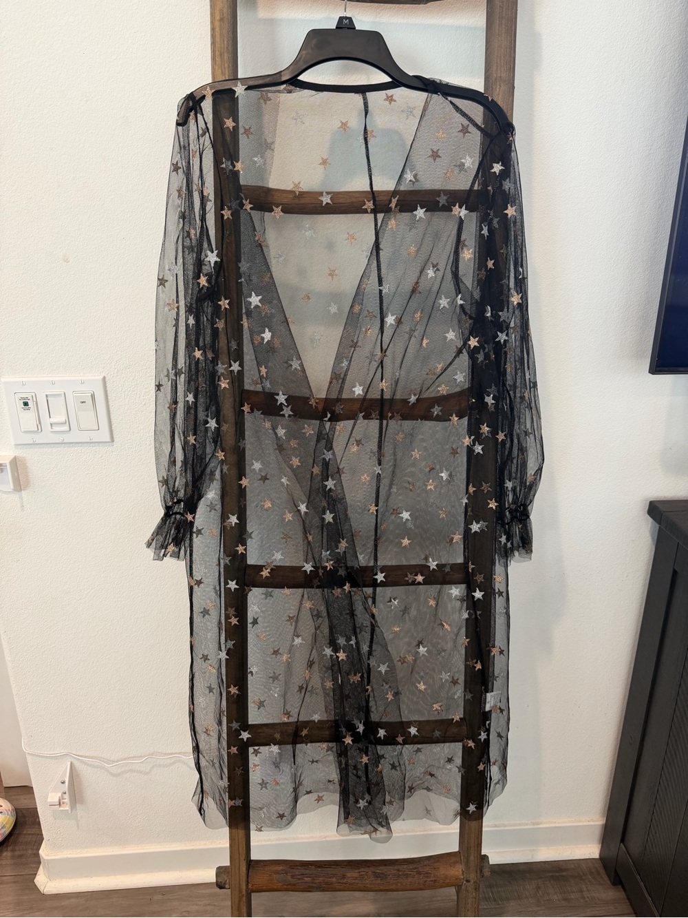 SHEIN Black Star-Print Sheer Mesh Duster